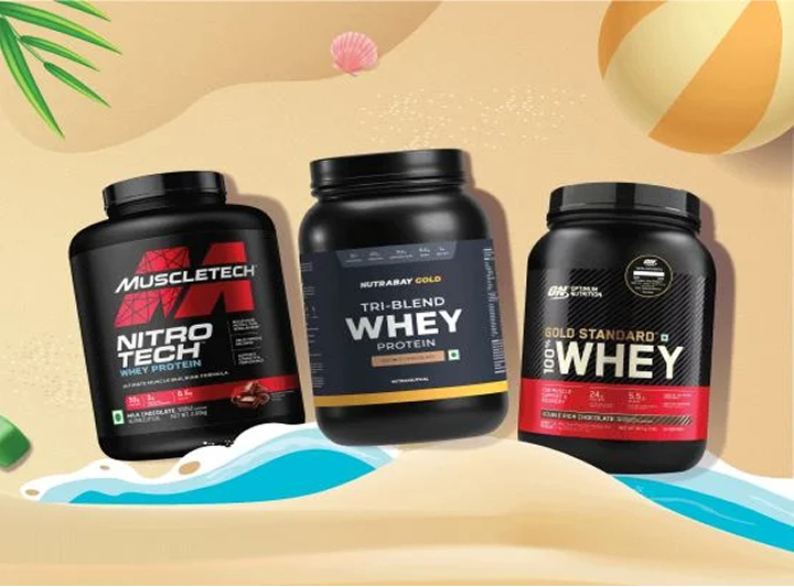 Three protein powders on beach